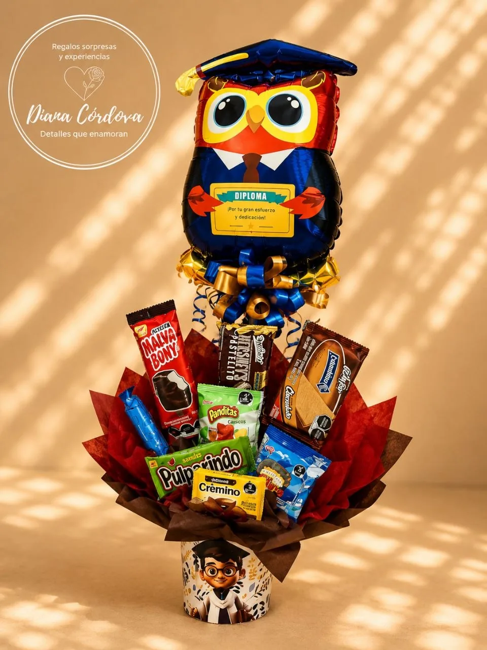 Arreglo de chocolates con búho graduado y diploma — Novedades Diana Comalcalco