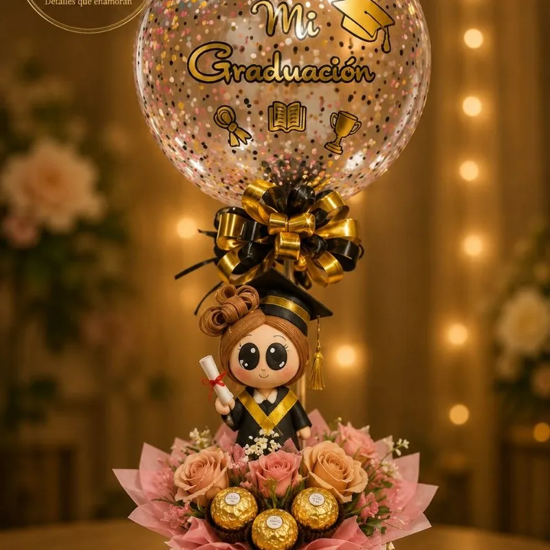 Arreglo con globo Mi Graduación, muñeca graduada y chocolates Ferrero — Diana Córdova