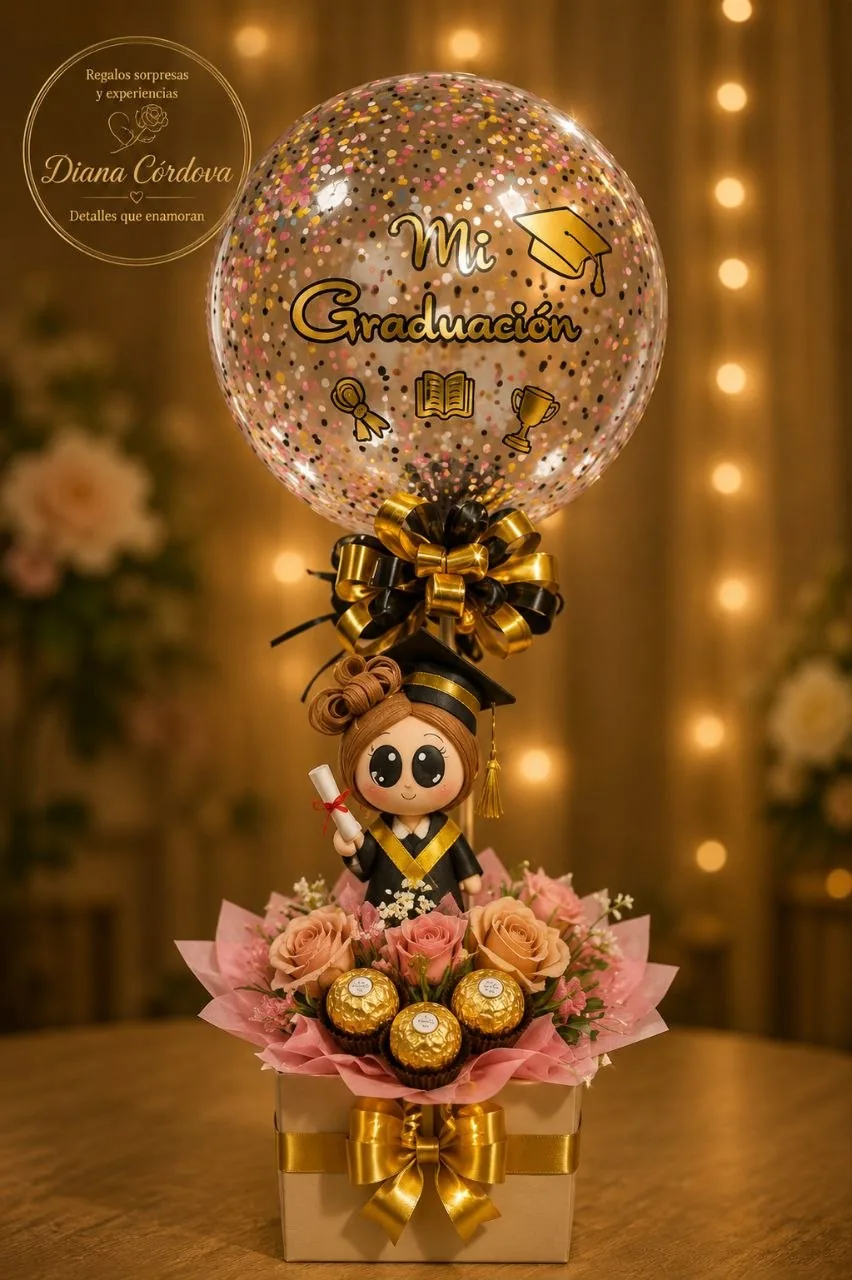 Arreglo con globo Mi Graduación, muñeca graduada y chocolates Ferrero — Diana Córdova