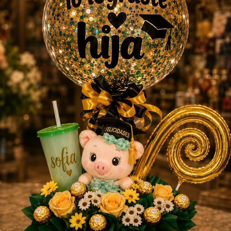 Arreglo 'Lo lograste hija' con globo dorado, peluche y vaso personalizado — regalos de graduación Comalcalco