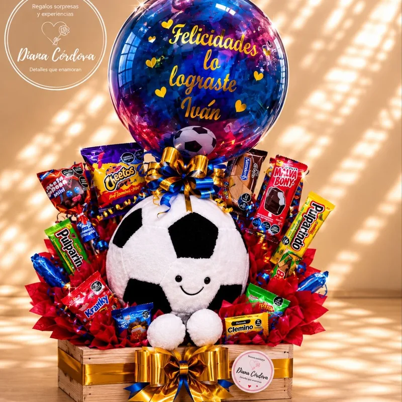 Arreglo con peluche de balón de fútbol, dulces y globo personalizado Felicidades lo lograste — Comalcalco, Tabasco