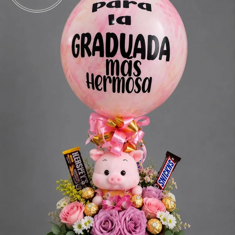 Globo personalizado 'Para la graduada más hermosa' con peluche y flores — Novedades Diana Comalcalco