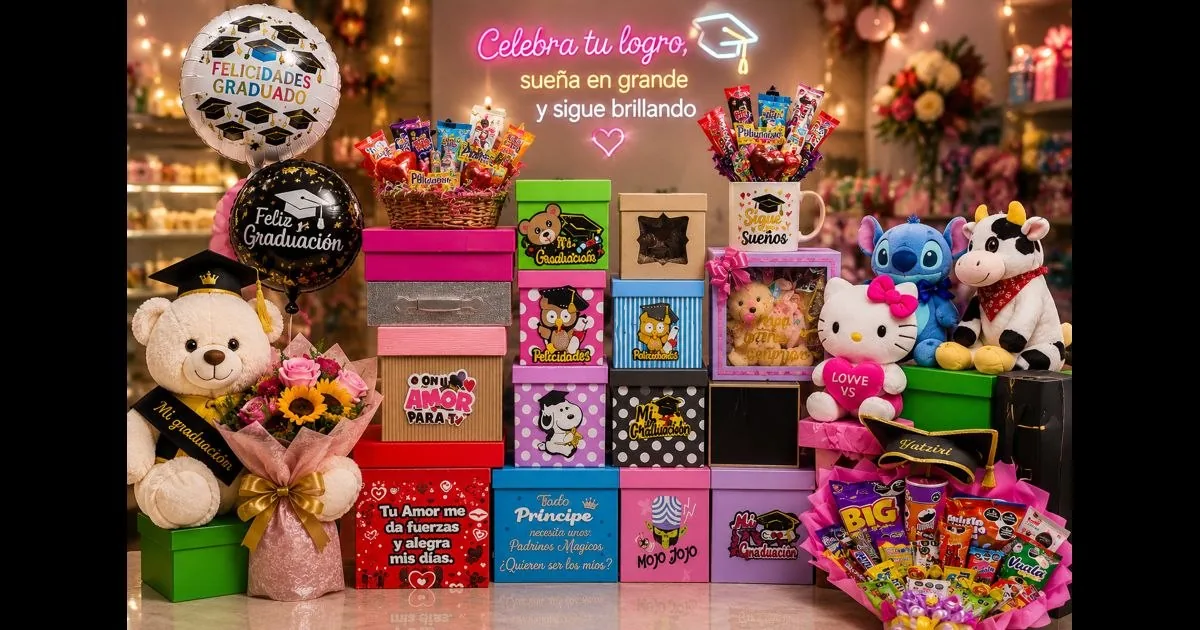Cajas sorpresa, peluches y globos de graduación en la tienda de Novedades Diana — Comalcalco, Tabasco