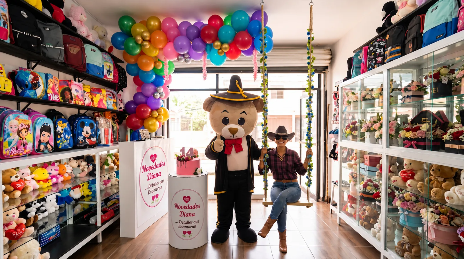 Interior de la tienda Novedades Diana con globos, peluches, flores y Diana Córdova junto a la mascota — Comalcalco, Tabasco
